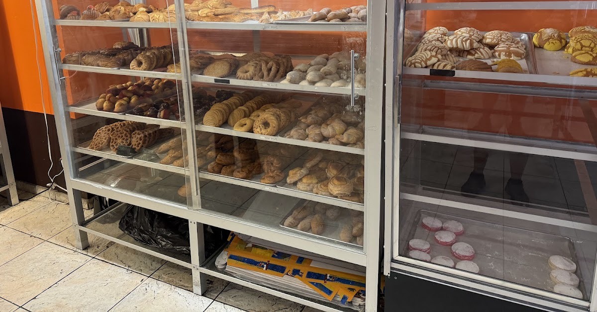 The pan dulce cases at Don Pancho's, shelves of conchas, cuernos, empanadas and novias